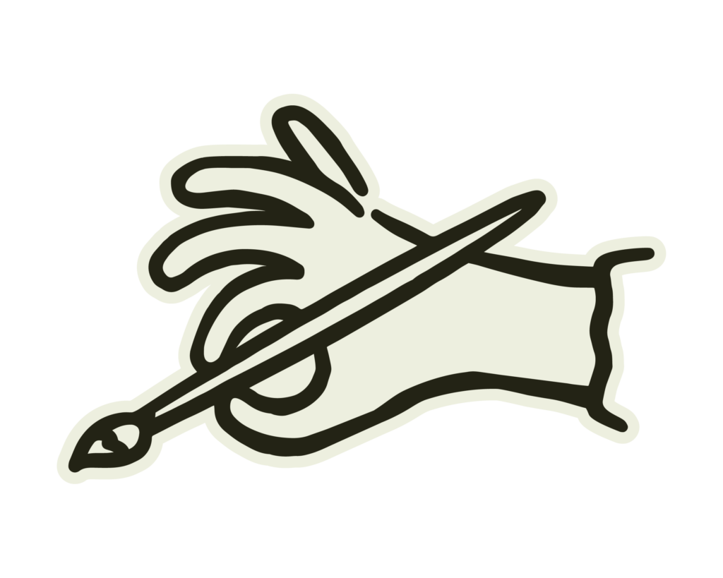 A stylized illustration of a hand holding a paintbrush, from the Brush & Co. collection, positioned diagonally with bristles pointing upward. The fingers form an "OK" gesture, outlined in black on a light background—a nod to fun things to do around Duluth MN and the Twin Ports area.