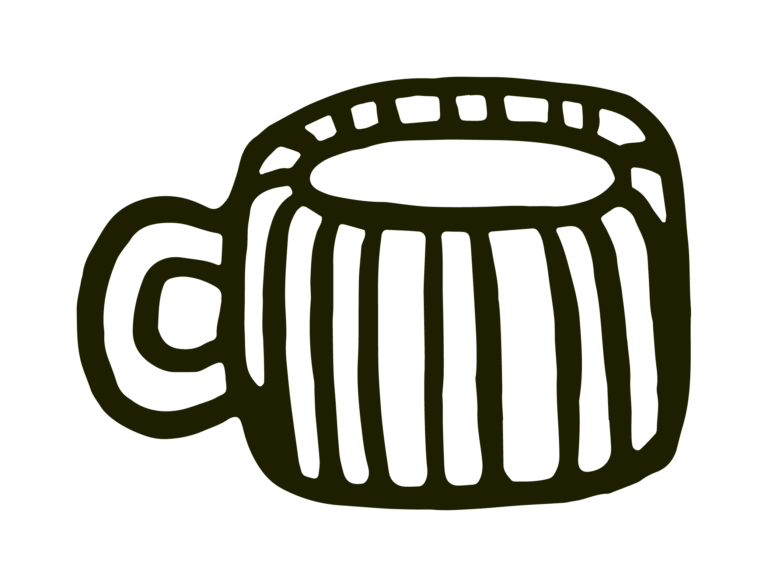 A simple black and white illustration from Brush & Co. of a mug with vertical stripes and a handle on the left side, inspired by the charming artistry found in Duluth MN's Twin Ports.