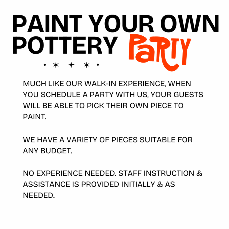 Black background with the word "PARTY" in bold, playful orange letters at the top right corner, capturing the fun and creative vibes of experiences at Brush & Co.