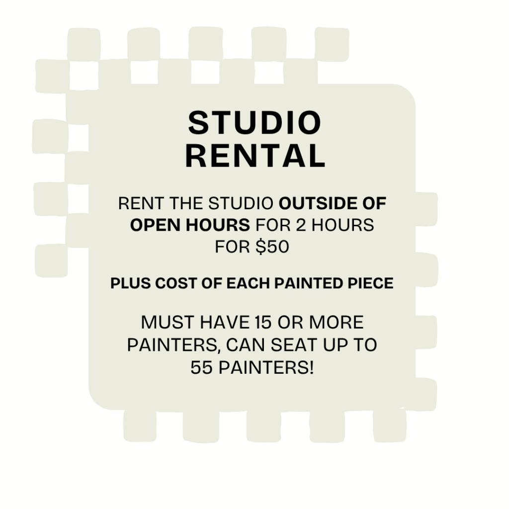 A graphic with a decorative grid background displaying studio rental details for Experiences at Brush & Co.: 2 hours for $50 outside open hours, plus cost per painted piece; minimum 15 painters, maximum 55 painters.