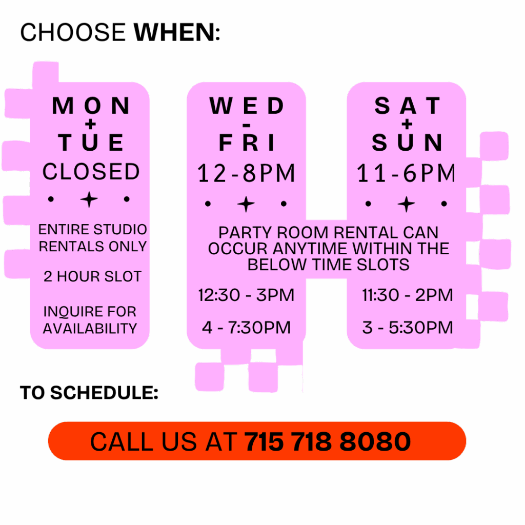 Discover Experiences at Brush & Co. Studio hours: Mon-Tue closed (studio rental only); Wed-Fri 12-8pm, party rentals 12:30-3pm & 4-7:30pm; Sat-Sun 11-6pm, party rentals 11:30-2pm & 3-5:30pm. Call 715 718 808.